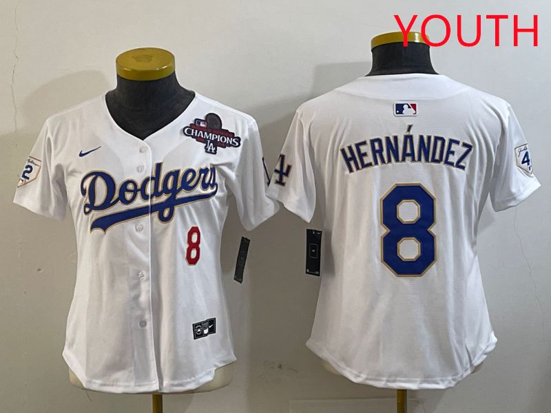 Youth Los Angeles Dodgers #8 Hernandez White Gold Game 2025 Nike MLB Jersey style 2